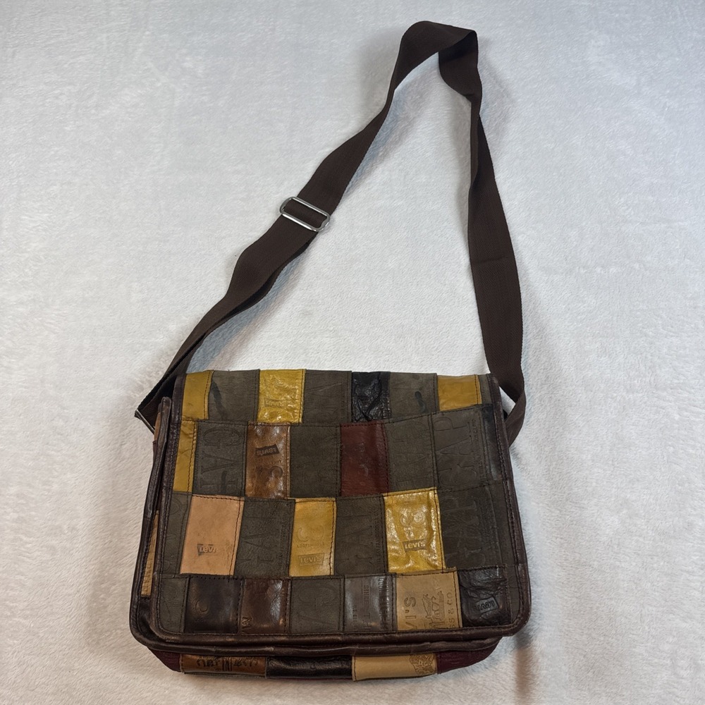 RETRO  JEAN LABEL LEATHER PATCHWORK SATCHEL SHOULDER BAG 12" H X 12.5" W 3.5"